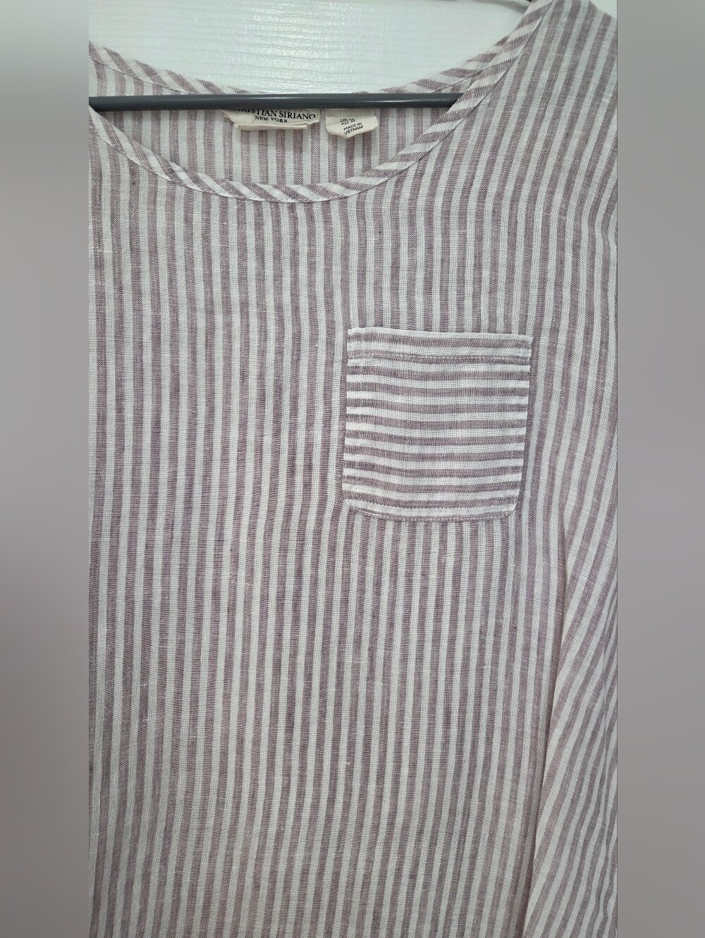 Christian Siriano Taupe White Striped 100% Linen Pocket Top Size Medium - Picture 2 of 6